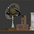 Detailed 3D Interior Scene With Globe Bookshelf Stone Wall Wooden Door Balustrade And Wooden Floor