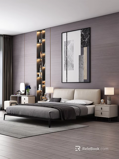 Modern Double Bed in Background with Gray Wall Abstract Art Bedside Tables and Table Lamps 3d model 