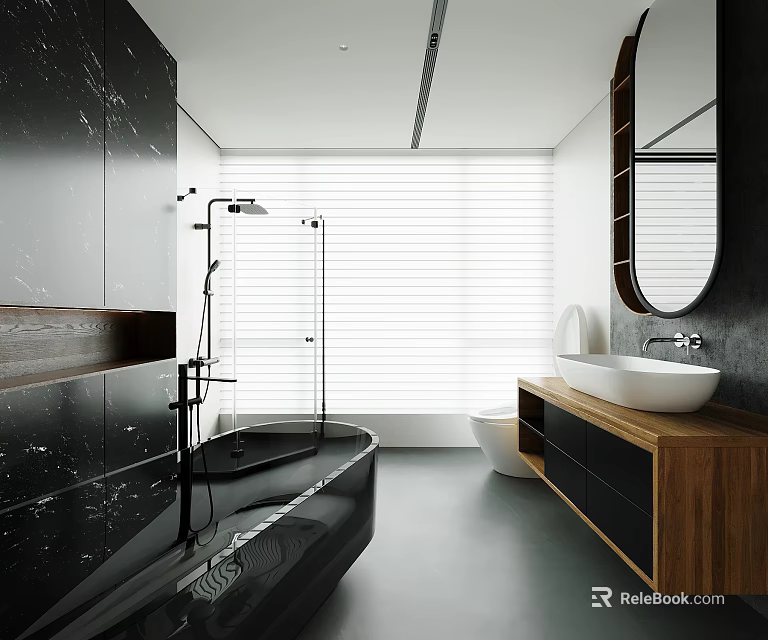 Modern Minimalist Bright Bathroom With Black Marble Features Wooden Vanity And Frameless Glass Shower Design 3d model 