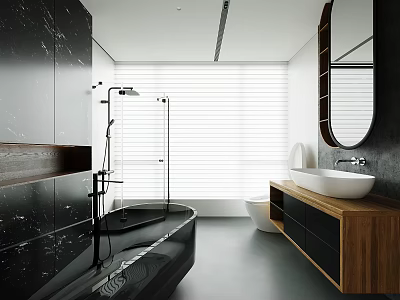 Modern Minimalist Bright Bathroom With Black Marble Features Wooden Vanity And Frameless Glass Shower Design 3d model