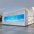 Modern Exhibition Booth Interior With Large Screen Airplane Image Blue Displays And White Seats