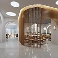 Modern Hot Pot Restaurant Interior With Arched Doorways Wooden Slat Partitions And Round Pendant Lights