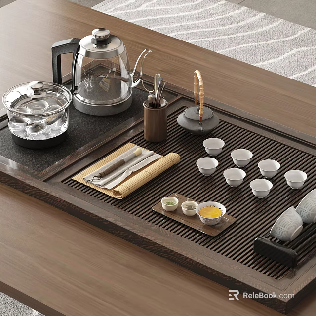 Traditional Tea Set With Wooden Tray Glass Teapot Small Cups Bamboo Scoop For Tea Ceremony 3d model 