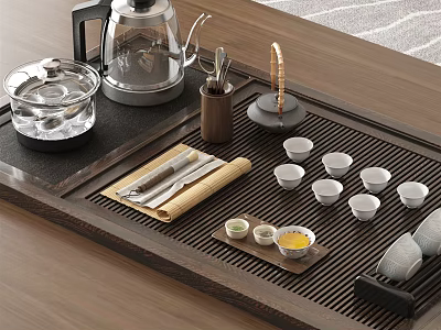 Traditional Tea Set With Wooden Tray Glass Teapot Small Cups Bamboo Scoop For Tea Ceremony 3d model