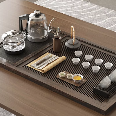 Traditional Tea Set With Wooden Tray Glass Teapot Small Cups Bamboo Scoop For Tea Ceremony 3d model