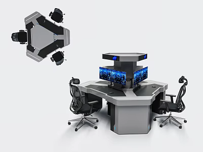 Hexagonal Office Desk With Multiple Blue Screen Monitors And Ergonomic Office Chairs 3d model