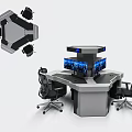 Hexagonal Office Desk With Multiple Blue Screen Monitors And Ergonomic Office Chairs