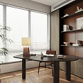 Modern Study Room Interior With Desk Table Lamp Open Book Window Blinds And Wooden Bookshelf 3d model