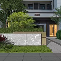 Modern Stone Garden Wall with Green Plants Lawn and Lighting Near Building Entrance