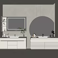 Modern White Bathroom Cabinet With Lighted Mirror Double Sink Gray Walls And Potted Plant