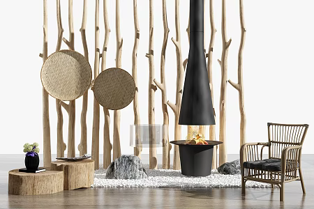 Modern Partition Homestay Partition Fireplace Rattan Leisure Chair Dry Scene Group 3d model