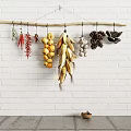 Hanging Various Types of Crops on Wooden Pole Against White Brick Wall