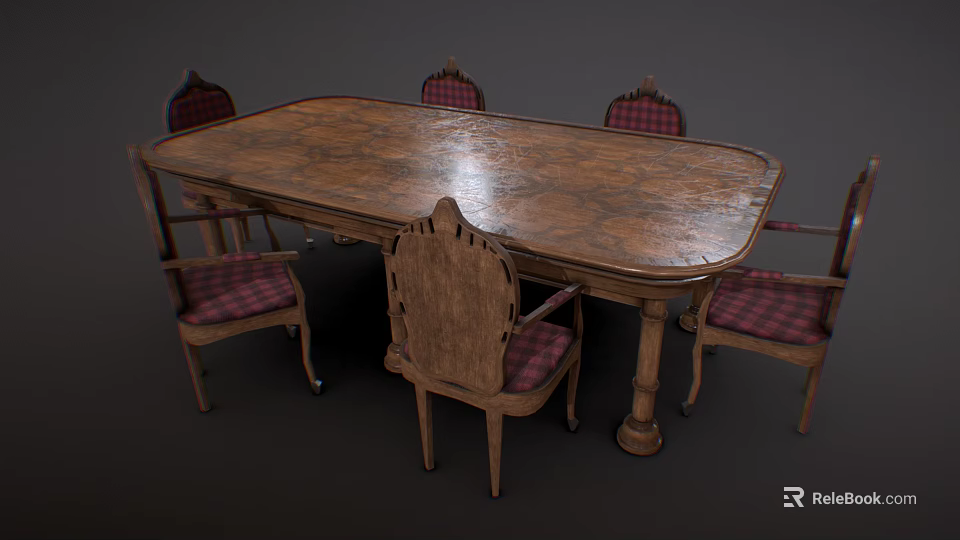 Oval Wooden Dining Table Set with Six Chairs Featuring Plaid Fabric Backrests and Seats 3d model 