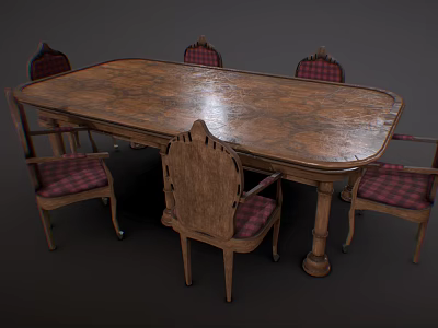 Oval Wooden Dining Table Set with Six Chairs Featuring Plaid Fabric Backrests and Seats 3d model