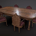 Oval Wooden Dining Table Set with Six Chairs Featuring Plaid Fabric Backrests and Seats