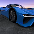 Blue Sports Car With Sleek Design On Concrete Ground Against Sunset Sky