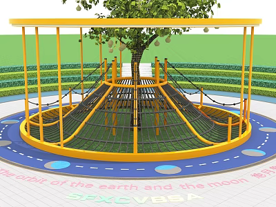 Yellow Circular Playground Equipment With Tree Net Climbing Structure And Sun Earth Moon Ground 3d model