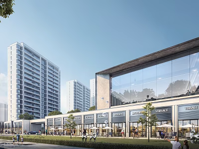 Modern Commercial Street Featuring High Rise Buildings Glass Facades Shops And Pedestrians 3d model