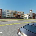 Modern Campus School Building With Multi Story Structure Green Playground And Lush Trees