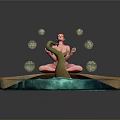 Red Haired Woman Sitting on Rocky Platform With Blue Water Green Snake and Transparent Bubbles