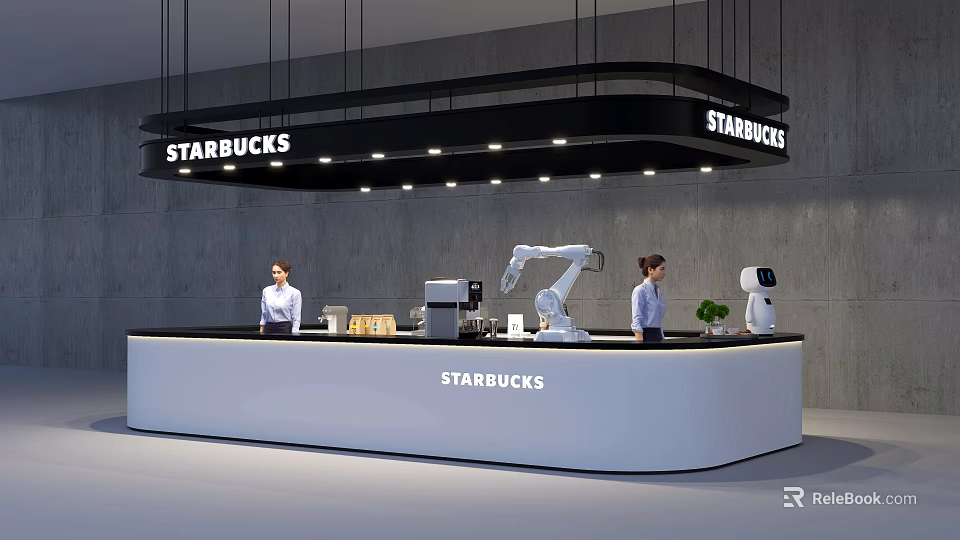 Starbucks Bar Area Featuring Robotic Arms Staff And Modern Counter Setup 3d model 
