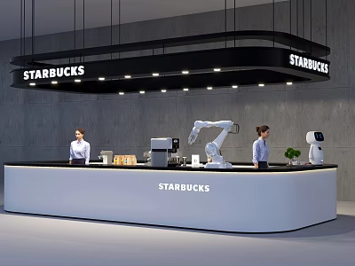 Starbucks Bar Area Featuring Robotic Arms Staff And Modern Counter Setup 3d model