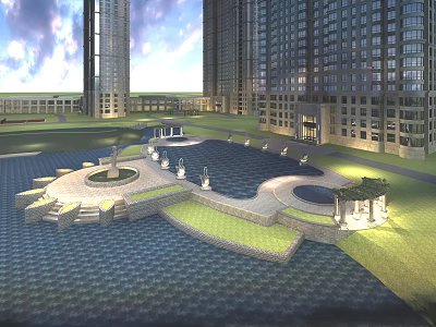 Modern Urban Landscape With Water Pool Steps Fountain And Pavilion Near High Rise Buildings 3d model