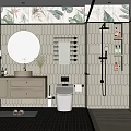 Tropical Bathroom Interior With Round Mirror White Vanity Hexagonal Tiles And Black Floor
