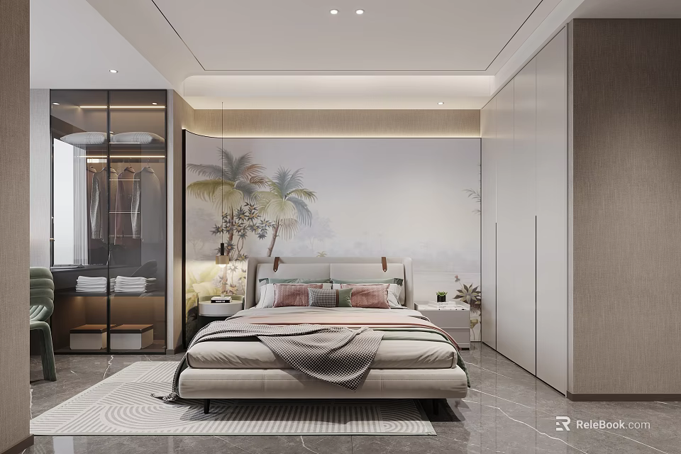 Modern Kids Bedroom With Palm Tree Mural Cozy Bed And Wardrobe 3d model 