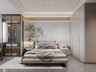 Modern Kids Bedroom With Palm Tree Mural Cozy Bed And Wardrobe 3d model