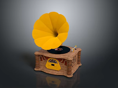 Vintage Phonograph With Yellow Horn Wooden Base And Vinyl Record 3d model