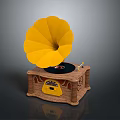 Vintage Phonograph With Yellow Horn Wooden Base And Vinyl Record
