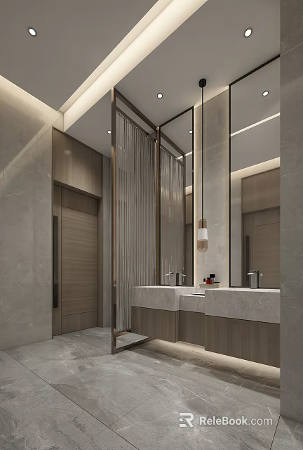 Modern Luxury Public Restroom with Marble Countertops Double Sinks Large Mirrors Wooden Elements Light Strips 3d model 