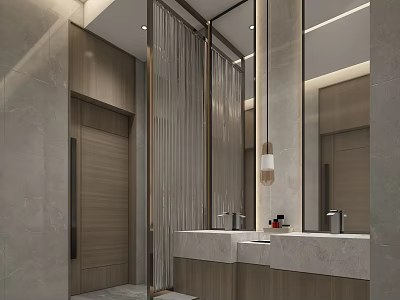 Modern Luxury Public Restroom with Marble Countertops Double Sinks Large Mirrors Wooden Elements Light Strips 3d model