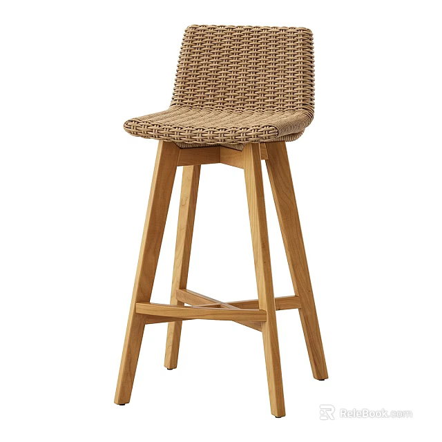 Modern Rattan Bar Stool With Wooden Legs For Kitchen Bar Counter Design 3d model 
