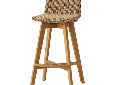 Modern Rattan Bar Stool With Wooden Legs For Kitchen Bar Counter Design 3d model