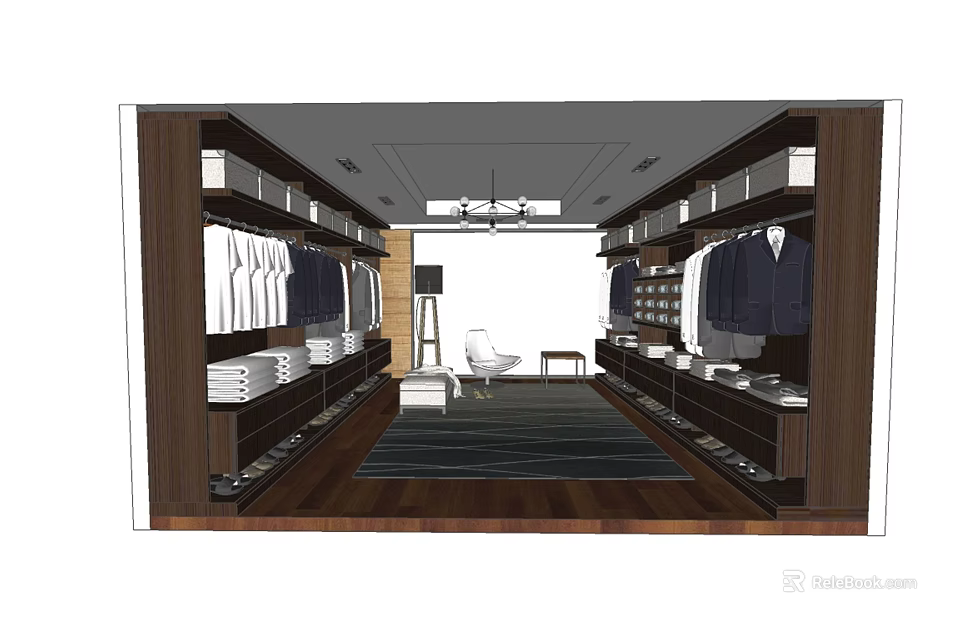 Modern Luxurious Closet Interior Design With Hanging Clothes Folded Items Wooden Cabinets And Seating Area 3d model 