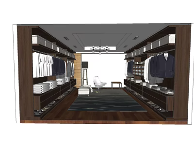 Modern Luxurious Closet Interior Design With Hanging Clothes Folded Items Wooden Cabinets And Seating Area 3d model