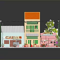 Miniature Street Scene Model With Two Story Building Orange Roof Single Story Awning Brick Wall Street Lamp Red Tables And Chairs