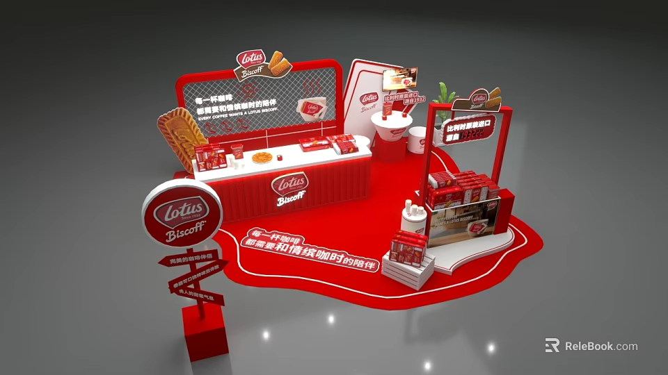 Lotte Stick Promotion Booth With Red Theme Display Counter And Snack Items 3d model 