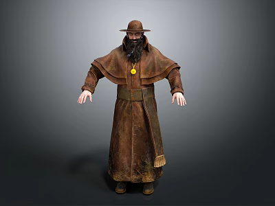 A Man In Brown Robe With Long Beard Brown Hat And Gold Necklace Standing 3d model