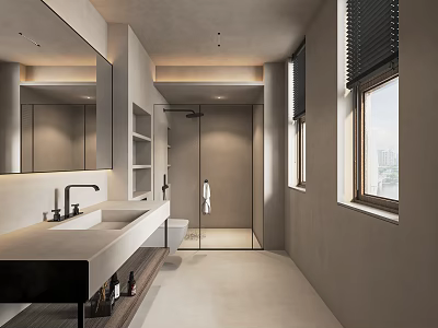 Modern Minimalist Bathroom Interior With Large Mirror Sink Glass Shower Enclosure Window Blinds And Shelves 3d model