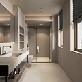 Modern Minimalist Bathroom Interior With Large Mirror Sink Glass Shower Enclosure Window Blinds And Shelves
