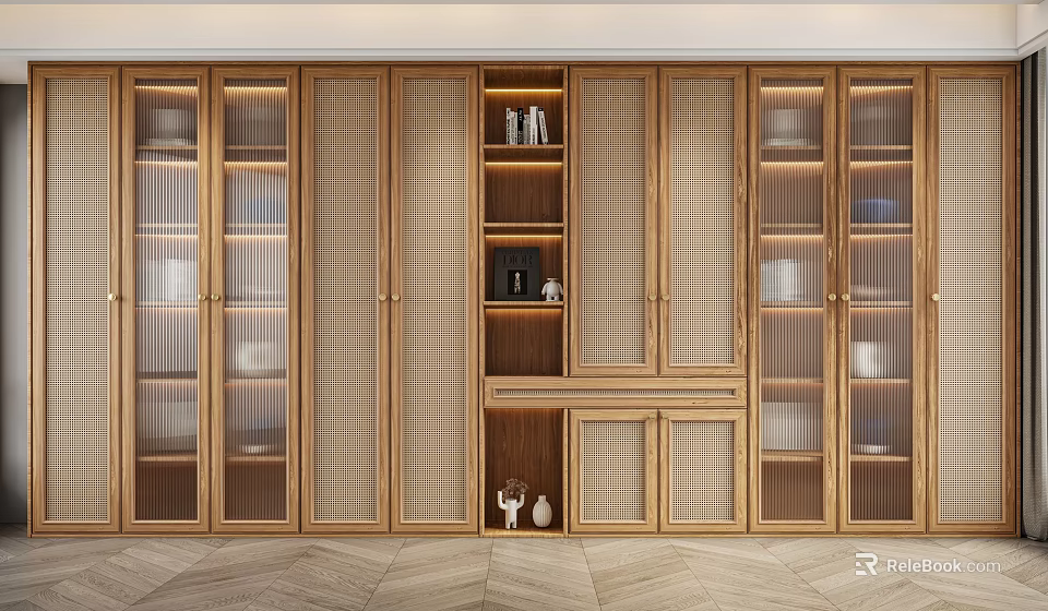 Modern Wooden Display Cabinet with Glass Doors and Central Open Shelves for Decorative Items 3d model 