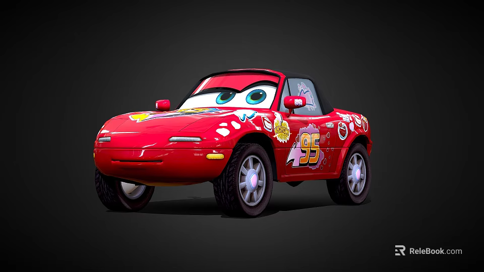Red Cartoon Convertible Car With Big Eyes Floral Decals And Number 45 3d model 