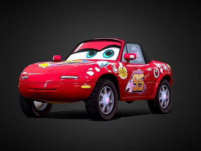 Red Cartoon Convertible Car With Big Eyes Floral Decals And Number 45 3d model