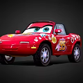Red Cartoon Convertible Car With Big Eyes Floral Decals And Number 45