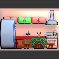 Cartoon Kitchen Scene Featuring Blue Refrigerator Red Cabinets Green Drawers Checkered Tablecloth And Small Stools