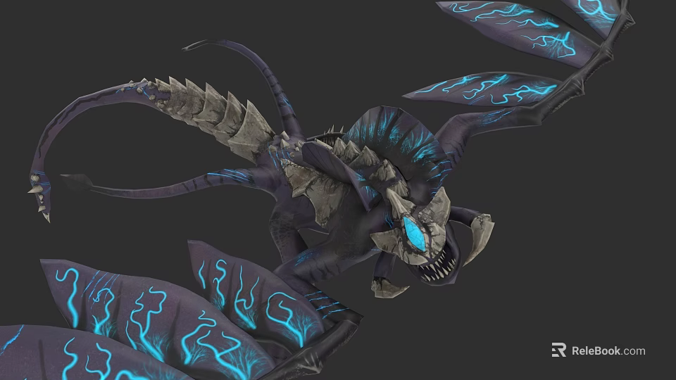 Fantasy Dragon Creature With Stone Like Body Blue Glowing Wings And Sharp Teeth 3d model 