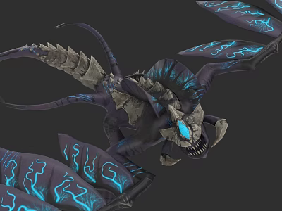 Fantasy Dragon Creature With Stone Like Body Blue Glowing Wings And Sharp Teeth 3d model